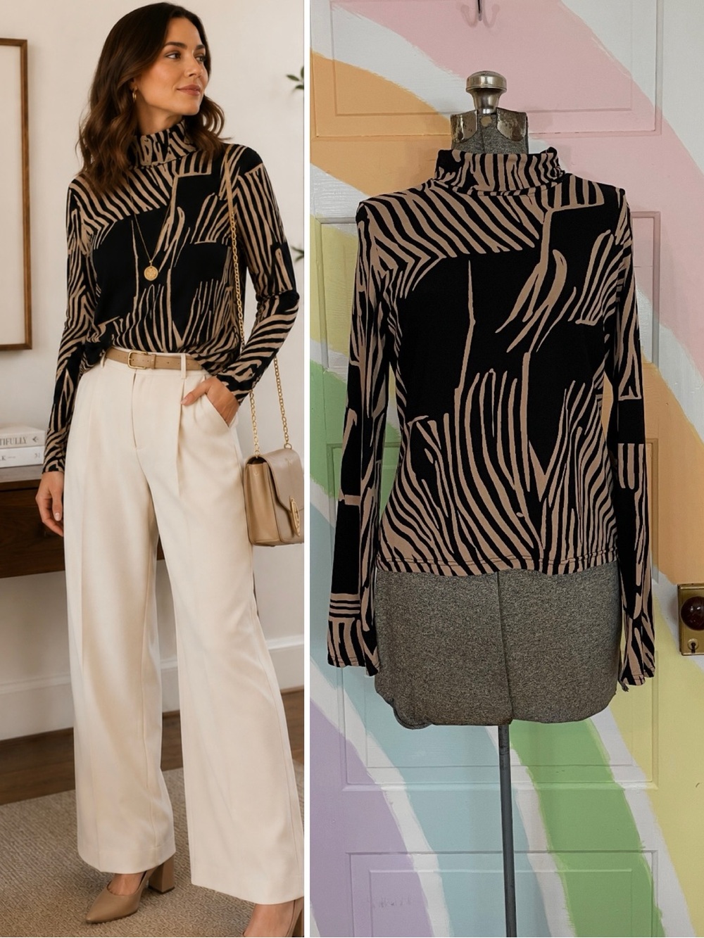 Bel Kazan Abstract Zebra Print Mock Neck Stretch Top Made in Bali Sz L 💛🎀